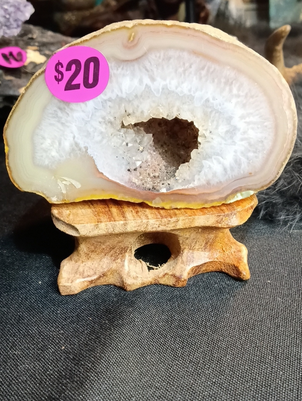 White and Cream Agate Geode Display on Wood Stand - Decorative Accent